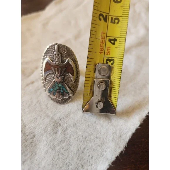 Vintage Navajo Sterling Silver Turquoise Inlay Bird Ring Size 10.5-11